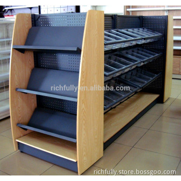 Steel and wood combined shelf stationery display rack for supermarket or store